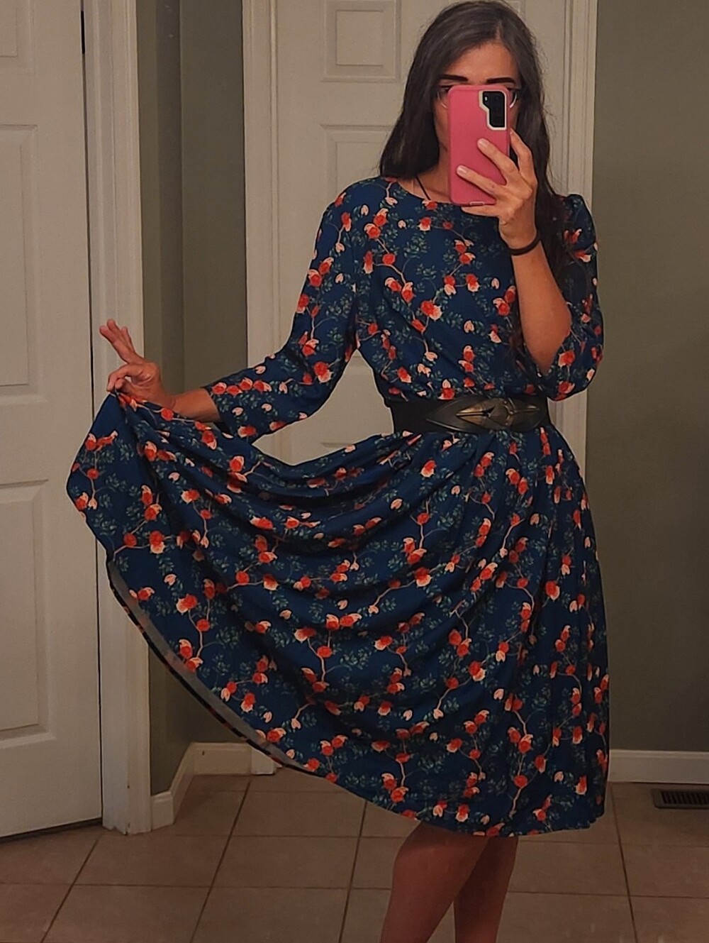 Cherry Green And Red Quarter Sleeve Midi Dress Size L